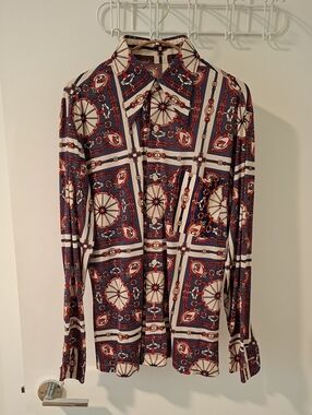 Vintage/70's Dagger-point Collar Red & Blue Equestrian Print Shirt (Size M)
